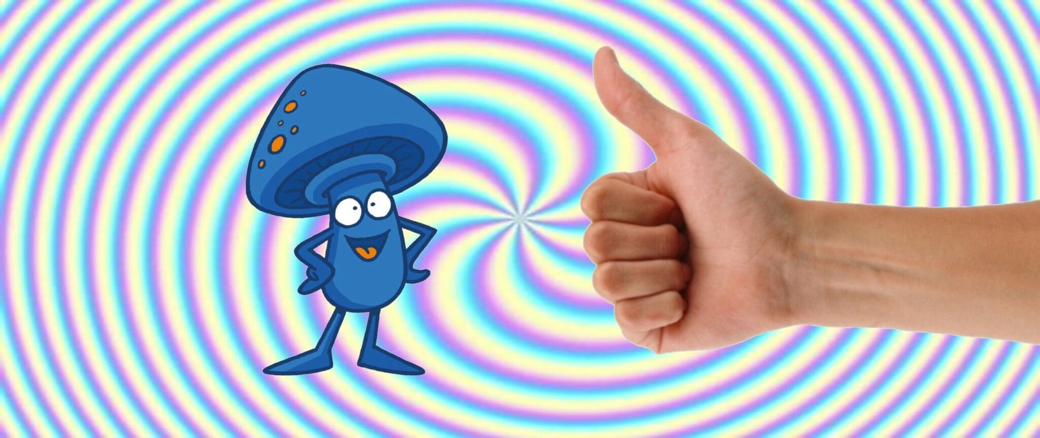 shrooma mushroom and hand doing thumbs up on psychedelic background