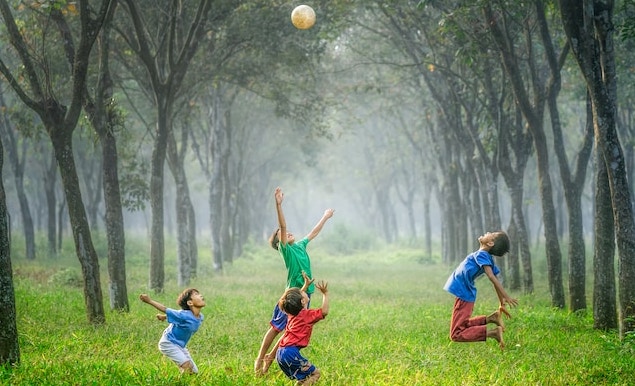 children playing with ball in forest